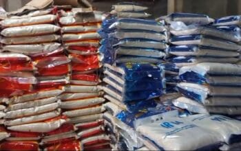 Stok beras di Gudang Sakian, Kecamatan Mentok, Kabupaten Bangka Barat. Selasa (20/2/2024).