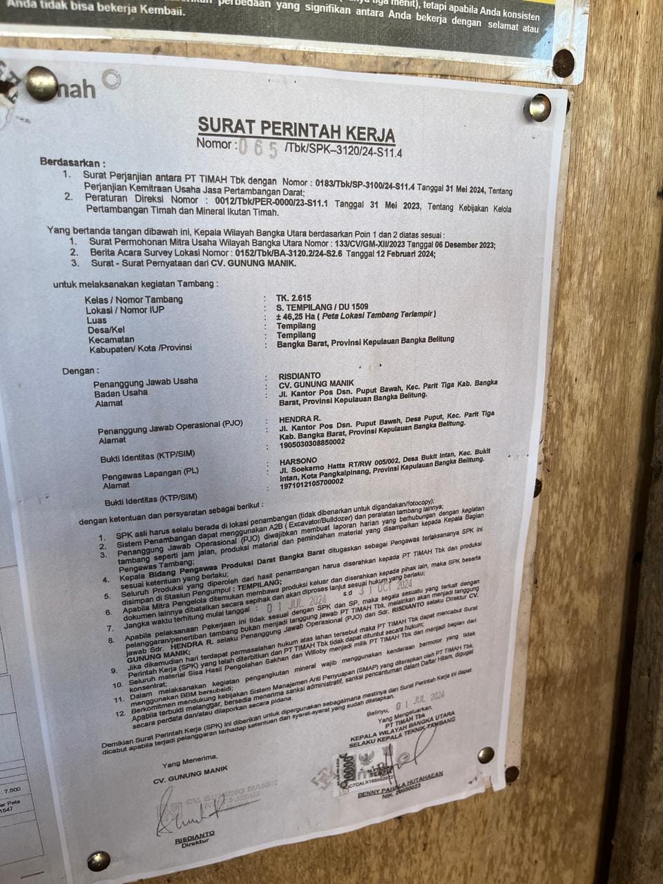 Surat Perintah Kerja (SPK) milik CV Gunung Manik yang diterbitkan oleh PT Timah.