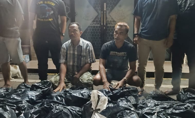 Sopir dan kondektur beserta barang bukti saat diamankan di Mapolres Bangka Barat. Foto: Sorotanbangka/Rama.