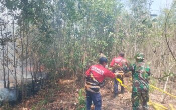 Kodim Babar bantu padamkan kebakaran lahan di Mentok. Foto: Pendim.