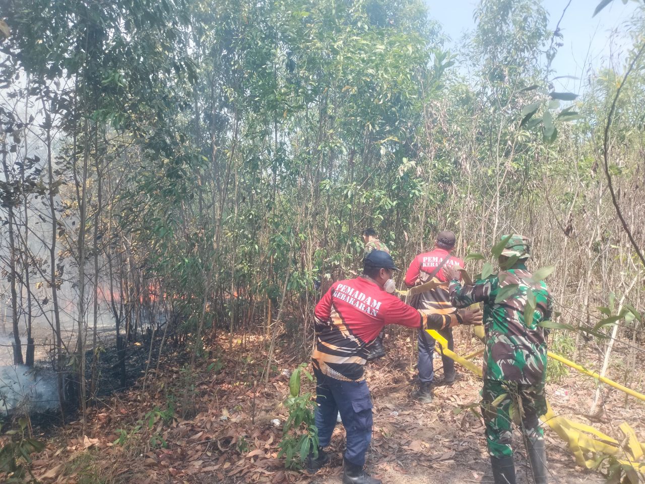 Kodim Babar bantu padamkan kebakaran lahan di Mentok. Foto: Pendim.